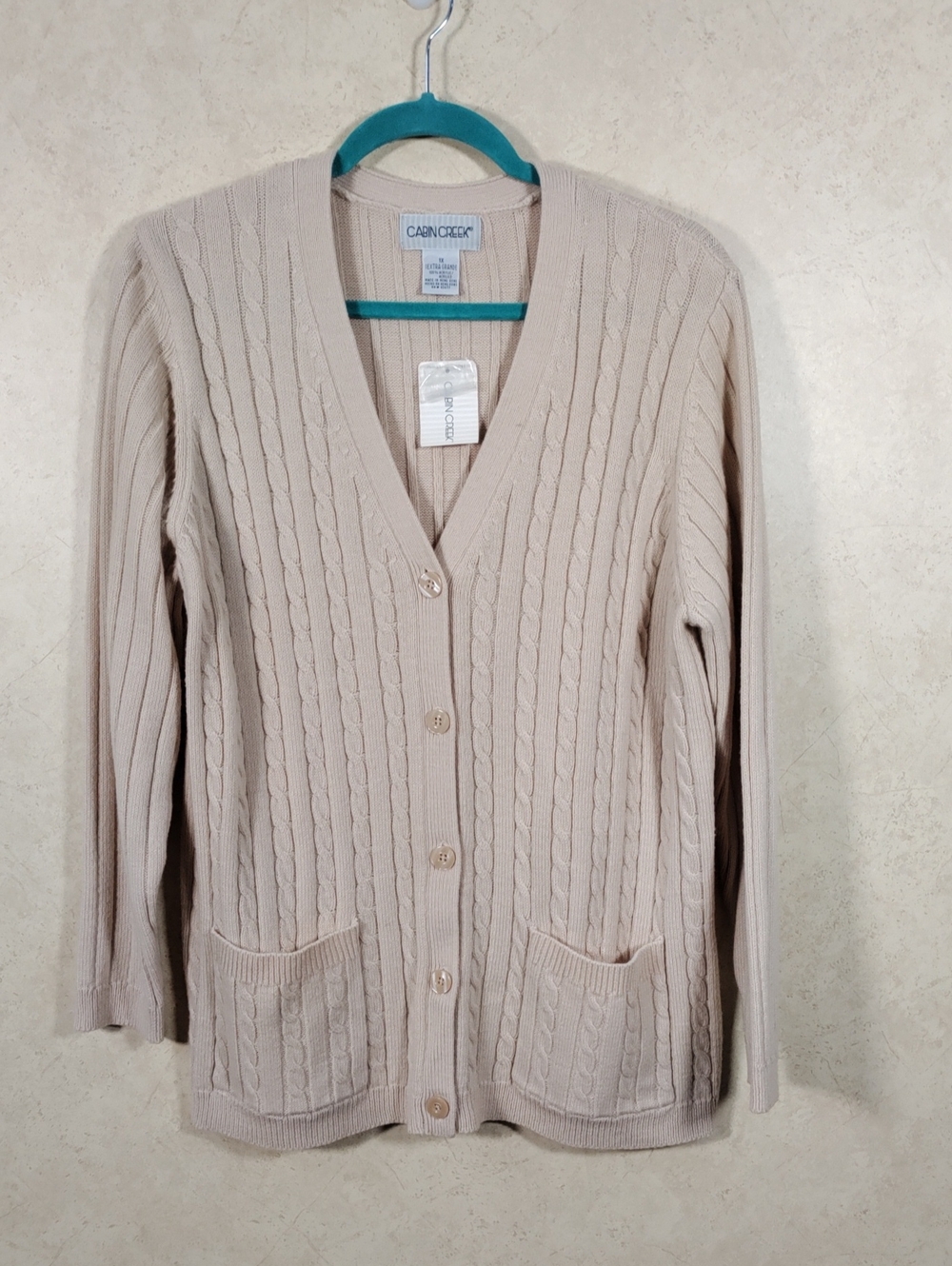 H192 Cabin Creek Tan Cable-Knit Cardigan 1X NWT
